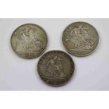 Three vintage Silver Crown coins to include; George III 1820, Victoria 1889 & 1893, all in Good