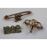 Three Edwardian brooches comprising turquoise and seed pearl full set yellow metal brooch designed