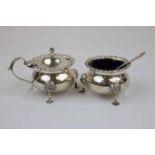 Mappin & Webb Georgian style silver salt cellar and mustard pot of cauldron form raised on three