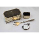 Collection of silver items comprising tortoiseshell silver jewellery casket raised on four paw and