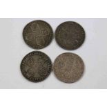 Four George II Silver Shilling coins, 1745, 1747 & 2 x 1758, all in Very Good to Good condition or