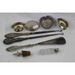 Collection of silver to comprising a pair of Victorian silver open pedestal salt cellars, navette