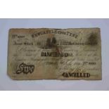 Newcastle Upon Tyne white £5 Pounds Banknote dated 1840 & with over stamped cancellation