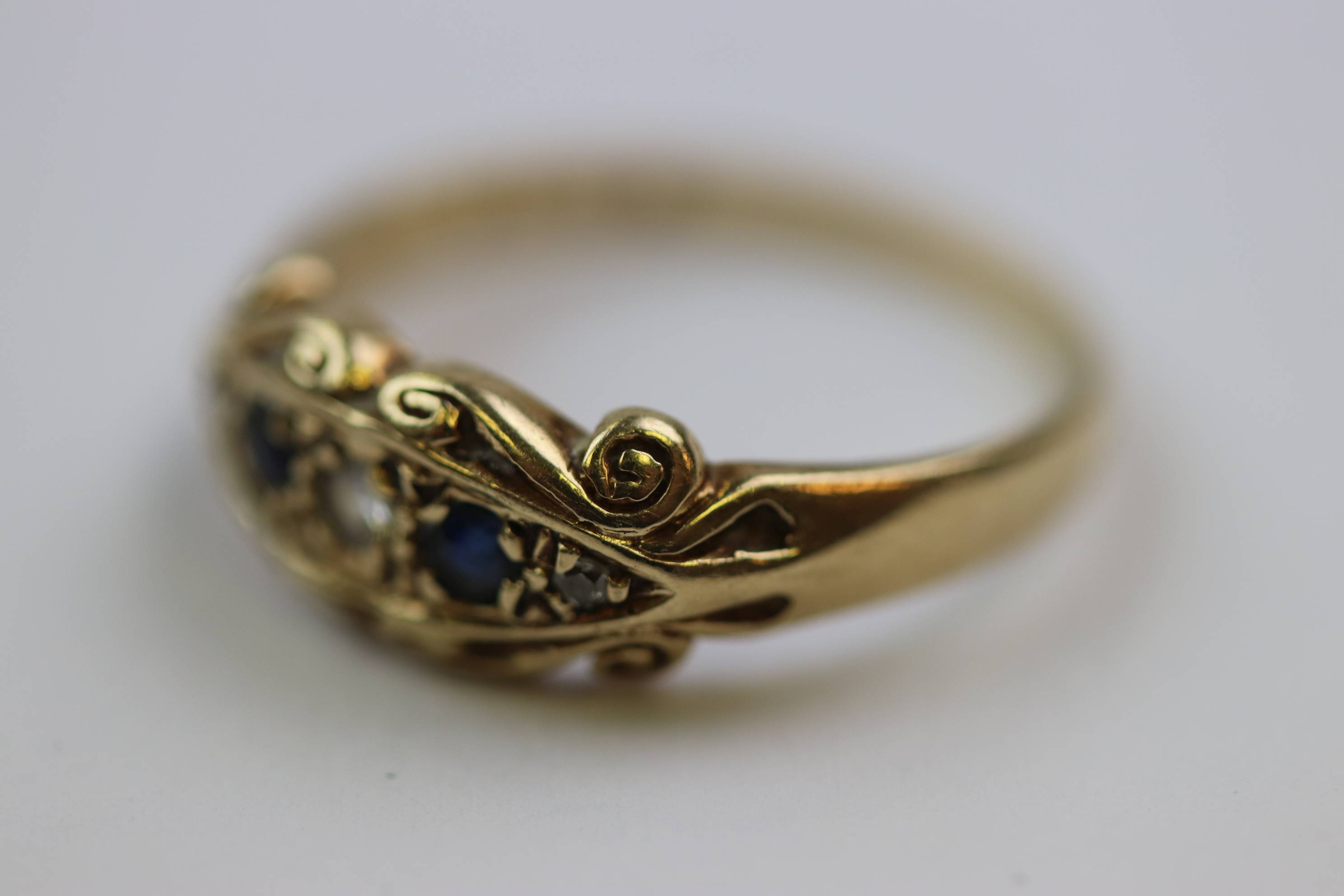 Sapphire and diamond 9ct yellow gold boat head ring, Victorian style, three small round eight cut - Image 7 of 12