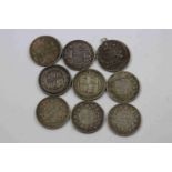 Nine Victorian Silver Sixpences to include a miss strike, in varying condition from Very Good to