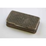 Continental silver niello snuff box, gilt interior, the hinged lid with repeating niello design