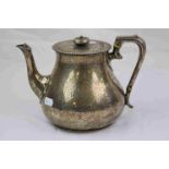 Victorian silver teapot, engraved foliate scroll and interwoven decoration to body and hinged lid,