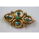 Late Victorian/ Edwardian turquoise and seed pearl unmarked yellow gold brooch, formed of four