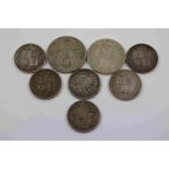 Eight Victorian silver coins to include two Florins & six Shillings in varying condition from Very