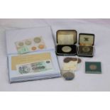 Small collection of World coins including Zambia & Seychelles and a folder of vintage Banknotes to