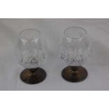 Pair of Mappin & Webb cut glass brandy glasses with circular silver bases and knopped stems, frosted