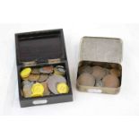 Two boxes of mixed vintage Tokens and early Isle of Man coins, including 18th Century