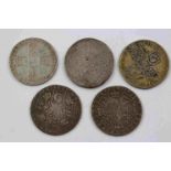 Five Silver Shilling coins to include Queen Anne 1711, William III 1698 & 1697, George III 1787 x 2,