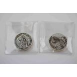Two Fine Silver Lion of England £5 Pound 2oz coins, one Very Fine, the other with an edge dent