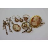 Conch shell cameo 9ct yellow gold jewellery comprising necklace, ring and drop earrings, each