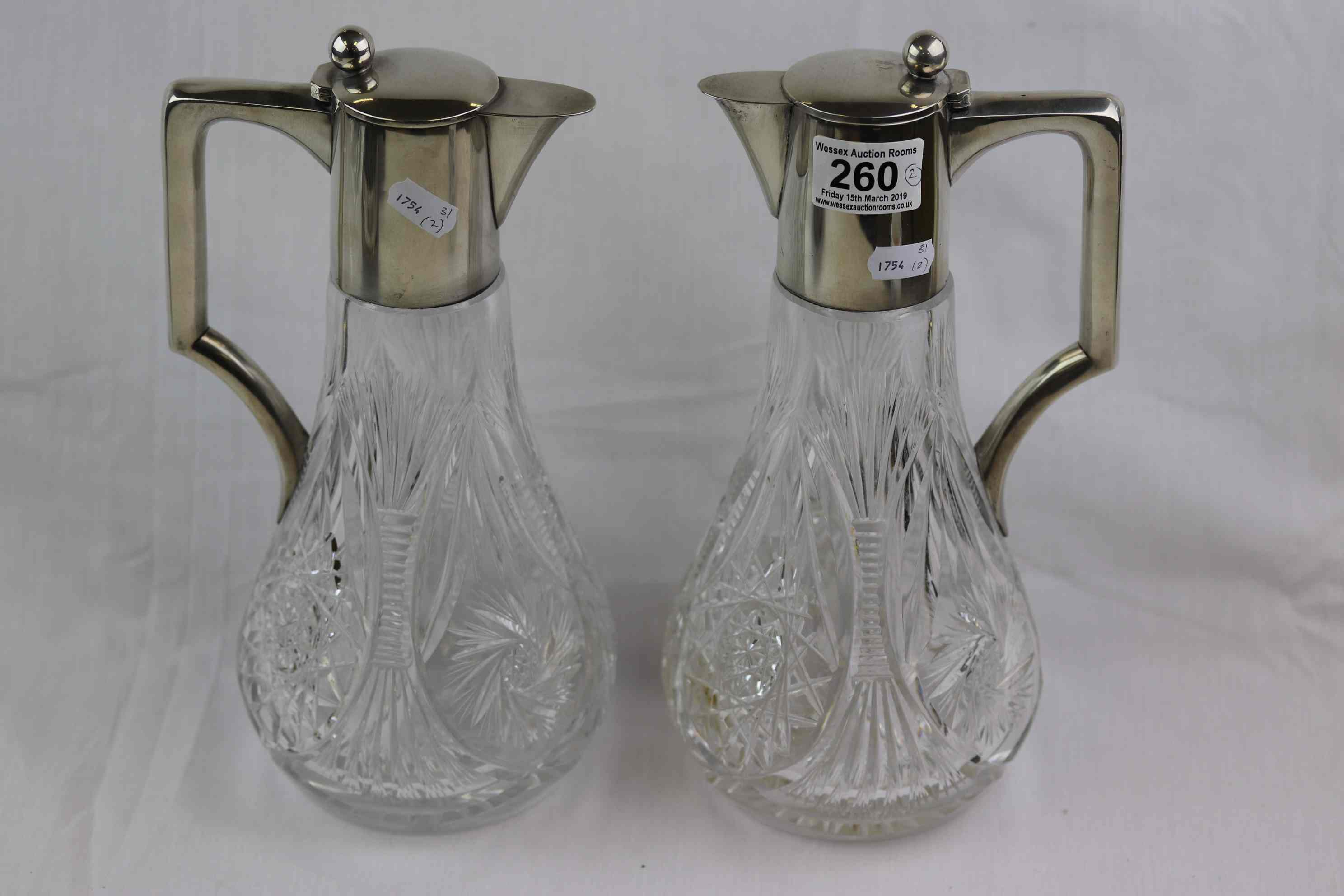 Pair of German silver mounted cut glass claret jugs, plain polished collar, hinged lid and handle, - Image 2 of 4