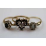 Three gem set 9ct yellow gold dress rings comprising diamond and sapphire heart shaped fancy cluster