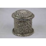 Silver tea caddy, repousse foliate scroll decoration to cylindrical body and cover, blank