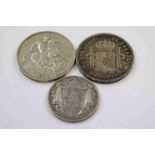 George IIII Silver Crown 1821, William IIII Half Crown 1836 & a Spanish 5 Pesetas 1892