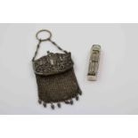 Art Nouveau white metal chain mail ladies coin purse, the hinged panel clasp with repousse bird