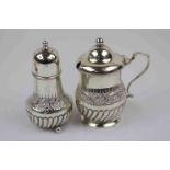 Victorian silver pepper pot and salt pot/ mustard pot, of baluster form with repousse foliate scroll