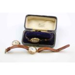 Three ladies 9ct gold cased wristwatches to include circa 1920s/1930s Rolco wristwatch, white enamel
