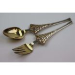 Anton Michelsen; Danish enamelled silver parcel gilt Christmas spoon and fork pair, fan shaped