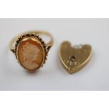 Conch shell cameo 9ct yellow gold ring, the cameo depicting female profile, rub over setting, V-