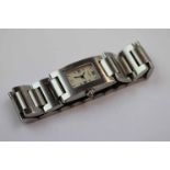 Ladies Chaumet stainless steel wristwatch, textured champagne rectangular dial, date aperture, black