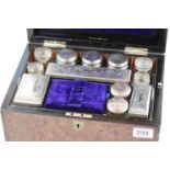 Victorian travelling vanity set in burr walnut box, pull out drawer to side, engraved cartouche to