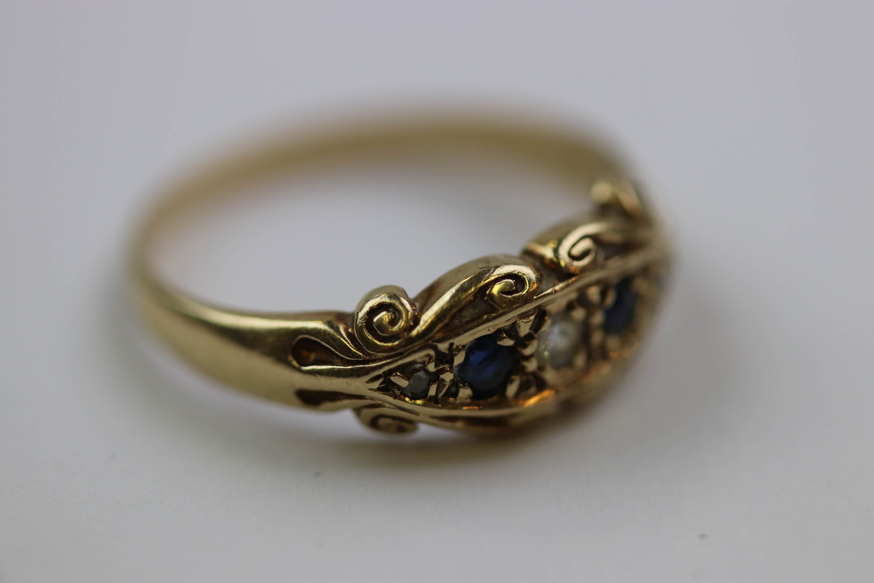 Sapphire and diamond 9ct yellow gold boat head ring, Victorian style, three small round eight cut - Image 6 of 12