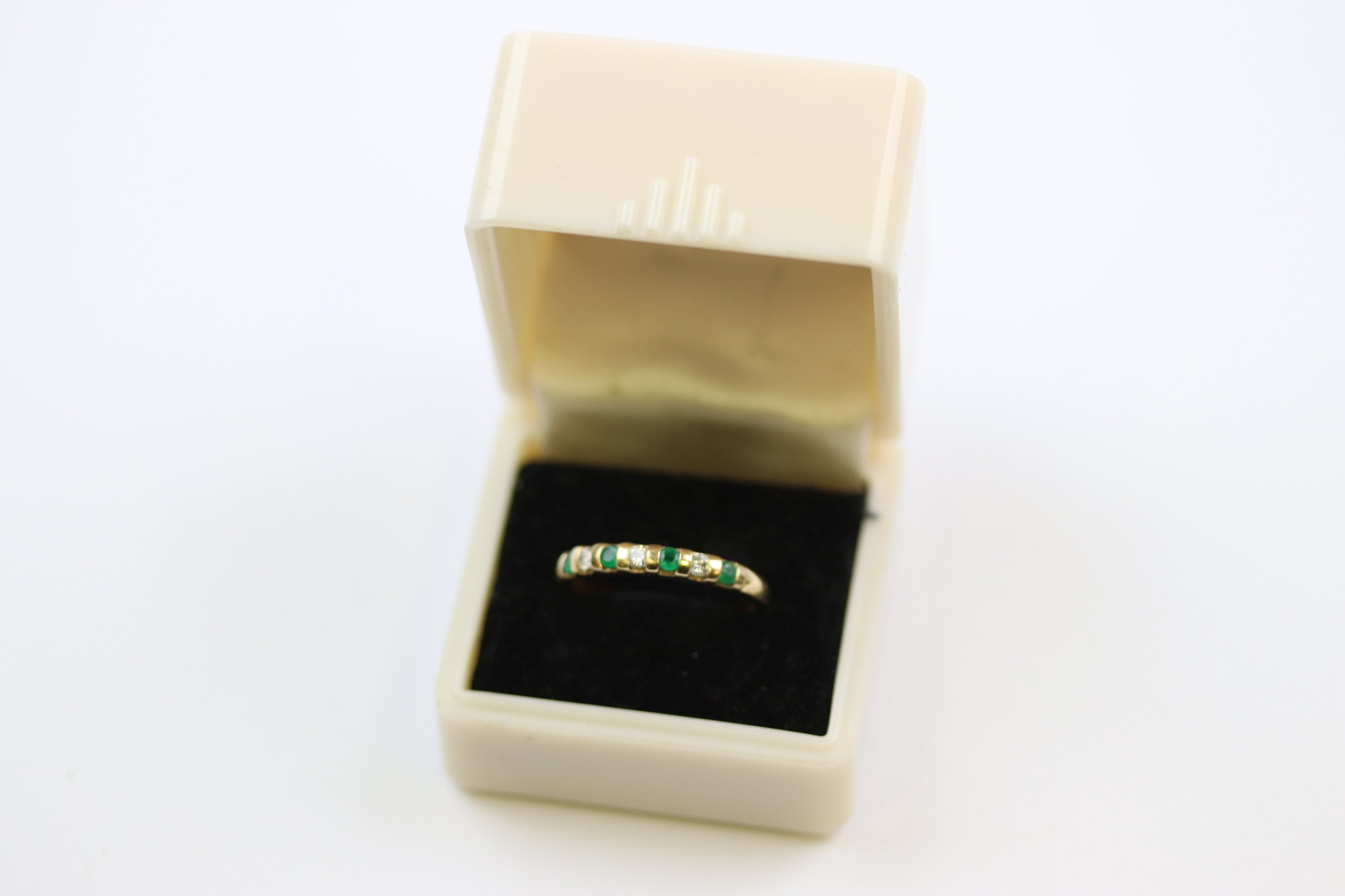 Emerald and diamond seven stone 9ct yellow gold dress ring, four small round mixed cut emerald and - Image 3 of 10