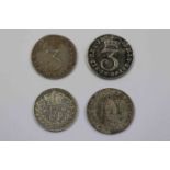 Four Silver Threepence coins to include James II 1688, George III 1762 & 1763, George IIII 1822, all