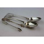 Pair of George III silver serving spoons, fiddle pattern, initialled terminals, makers Josiah &