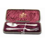 Mappin & Webb Edwardian silver Christening set comprising spoon and four pronged fork, thread and