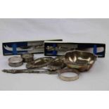 Collection of silver to include Edwardian silver swing handled bon bon dish of scalloped square