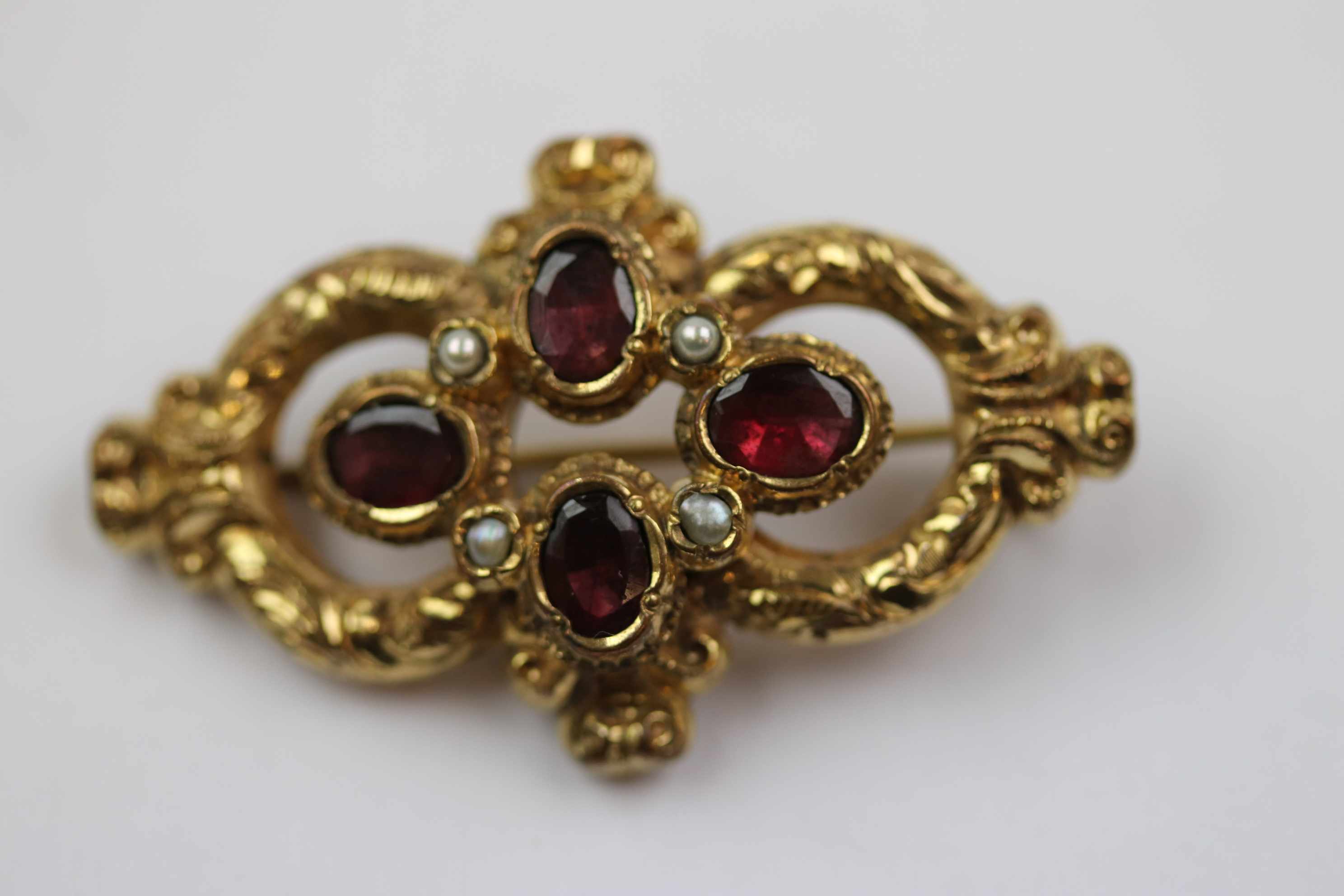 19th century garnet and seed pearl yellow metal brooch, four oval mixed cut garnets in quatre foil - Image 2 of 6