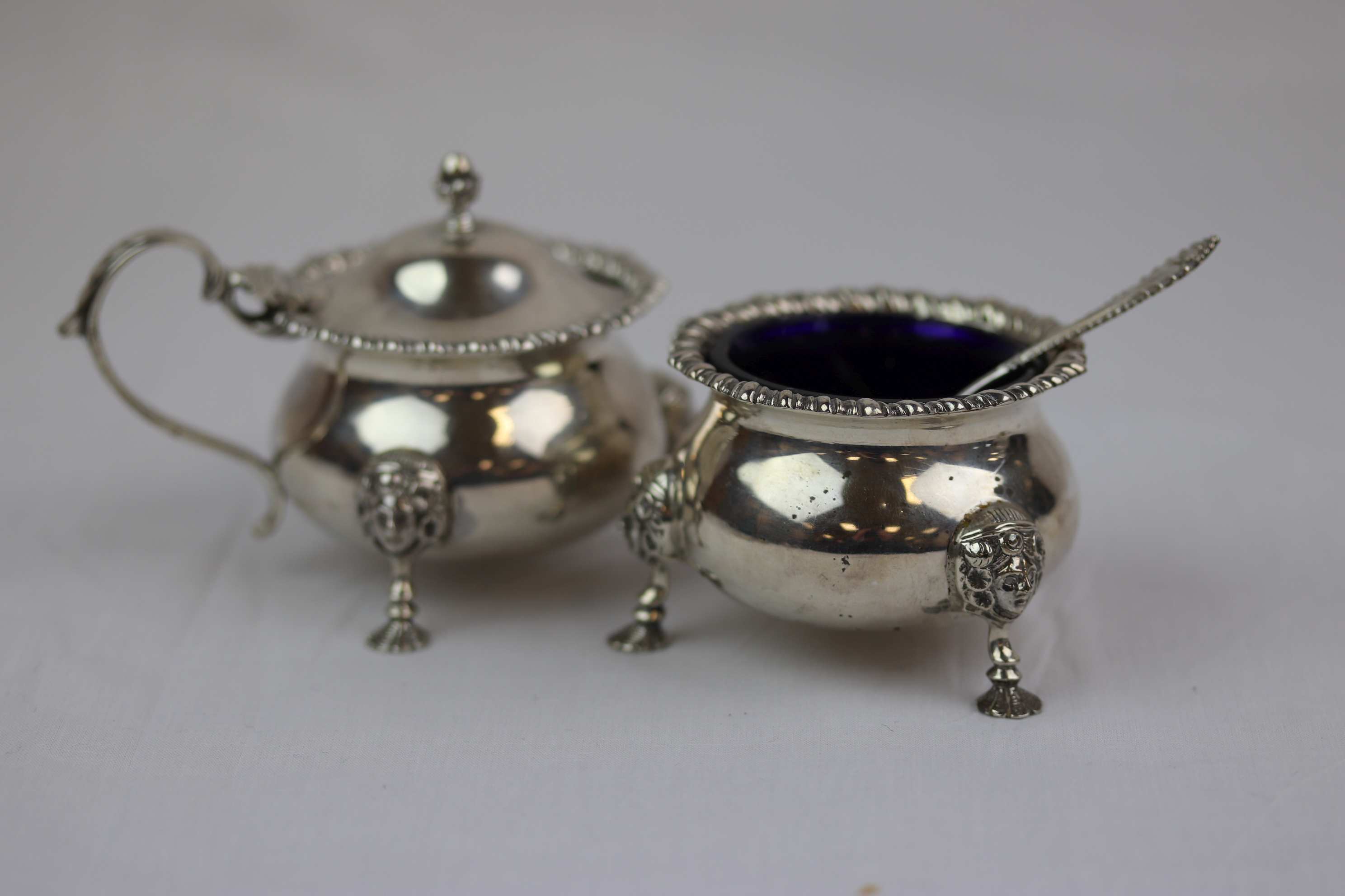 Mappin & Webb Georgian style silver salt cellar and mustard pot of cauldron form raised on three - Image 3 of 6