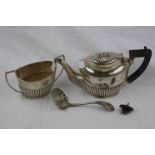 Edwardian silver bachelors teapot and twin handle sugar bowl, gadrooning to lower half and to the