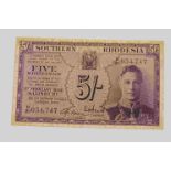 Southern Rhodesia 5/- Shillings Banknote 1st February 1945, some dirt & creasing etc