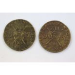 Two James II Gun Money Shillings, Jan 1689 & Oct 1689, in Very good to Good condition or better