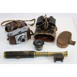 Leather cased pair of vintage Binoculars, Leather cased three draw Telescope, Kodak Retinette Camera