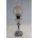White Metal Corinthian Column Oil Lamp with Cut Glass Well and Pink Tinted Floral Etched Glass Shade