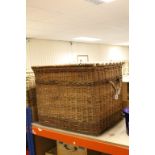 Large Vintage Wicker Lidded Laundry Basket with Wooden Slats to bottom, approx 76cms wide x 60cm