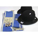 Two Vintage Bowler Hats - Moores ' The Tween Hat ' and ' Falcon ' together with Two Masonic Sashes