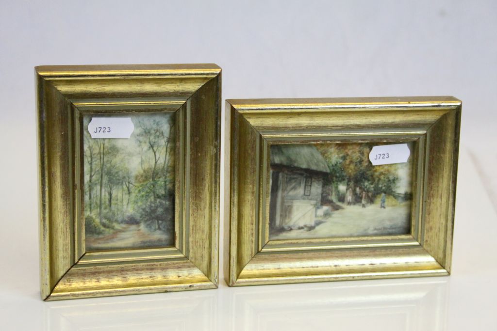 Two framed & glazed Miniature Watercolours on Ivorine, signed "Daphne Lee 1978", entitled "Stables