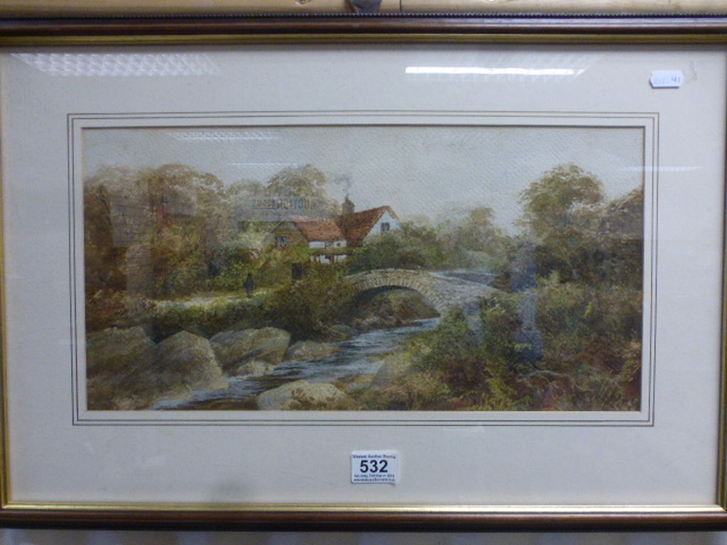 Sam Pride, Antique Framed Watercolour Figure in a River Landscape with Cottage and Bridge, signed