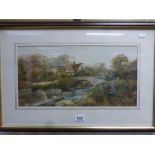 Sam Pride, Antique Framed Watercolour Figure in a River Landscape with Cottage and Bridge, signed