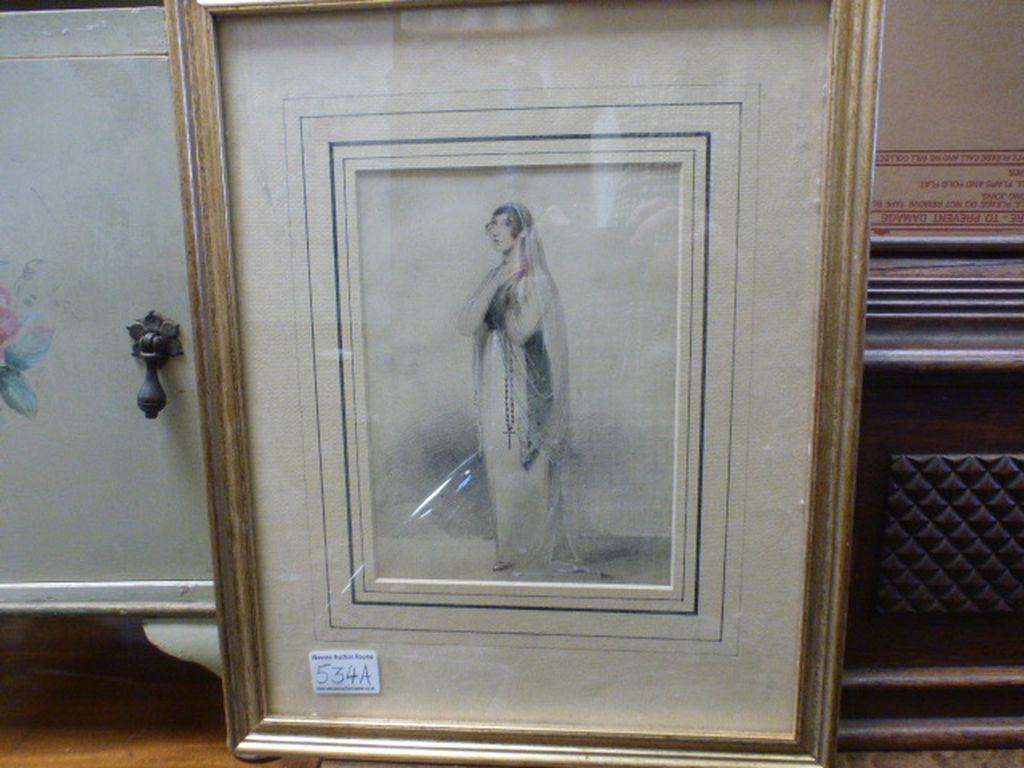 Early 19th century Watercolour of a Lady in a Veil holding Rosary Beads signed W Lester 1810,