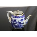 Victorian Royal Worcester silver topped blue and white teapot, pagoda decoration, the handle and